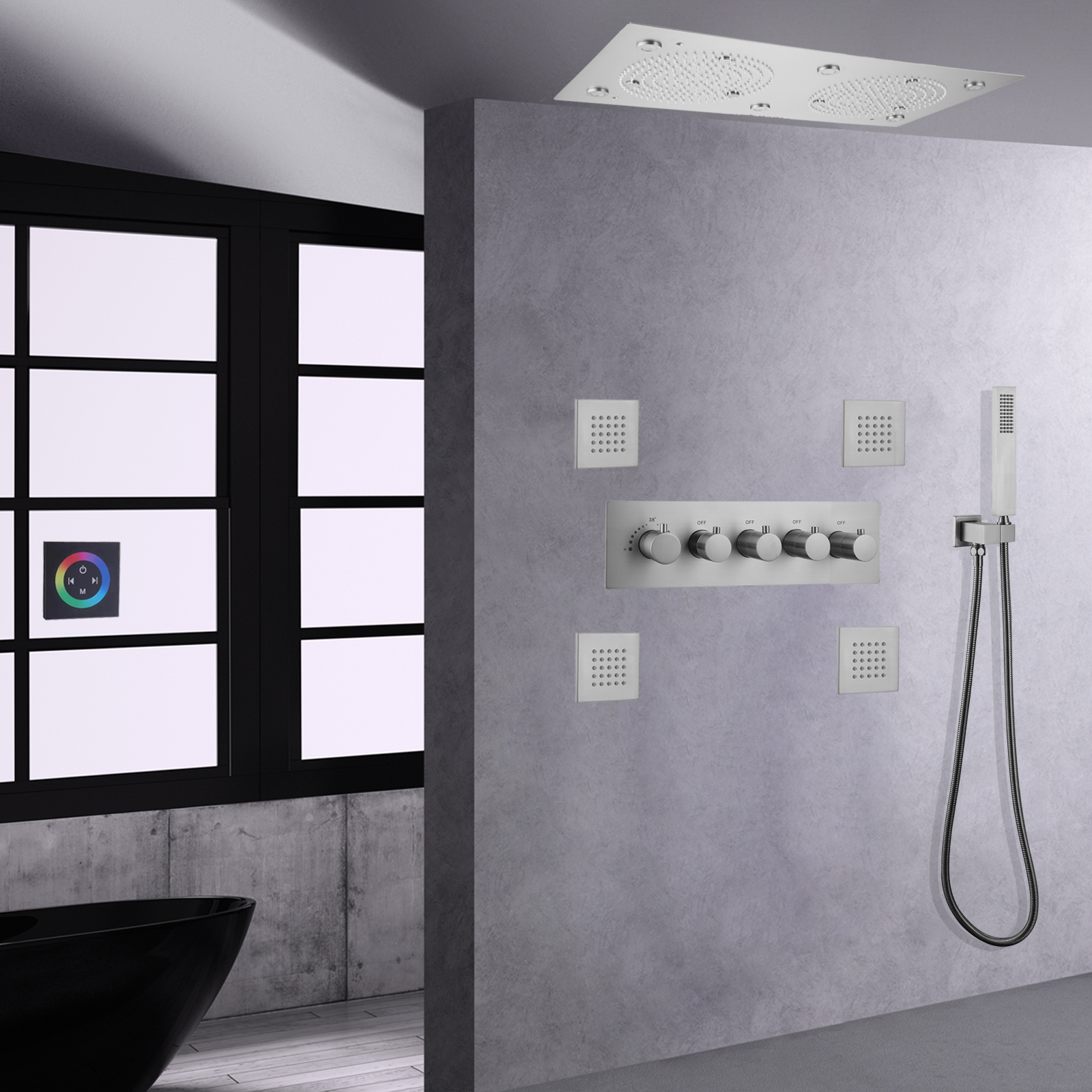 Brushed Nickel Shower Head LED Thermostatic High Flow Rain Mist Shower Panel Massage Handheld Shower