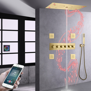Brushed Gold LED Thermostatic Bathroom Bath Shower Faucet Music Rain Mist With Handheld Shower Set