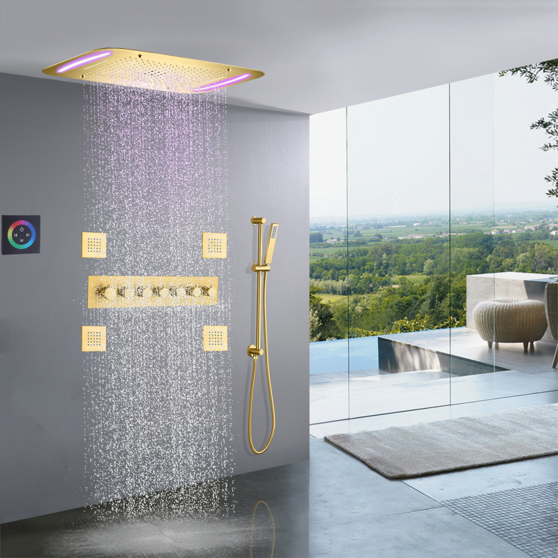 Brushed Gold Bath Shower 71X43 CM LED Bathroom Luxury High Flow Shower Thermostatic Rainfall Concealed Shower System