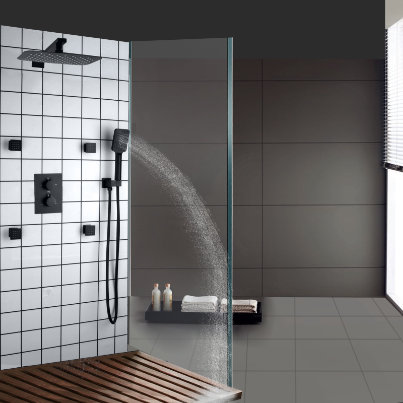 Matte Black Shower Faucets Set 30X20 CM Bathroom Thermostatic Rainfall With Three-Function Hand Shower