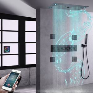 Music Shower Thermostatic Rainfall Matte Black LED Bathroom Bath Shower Faucet Handheld Douche