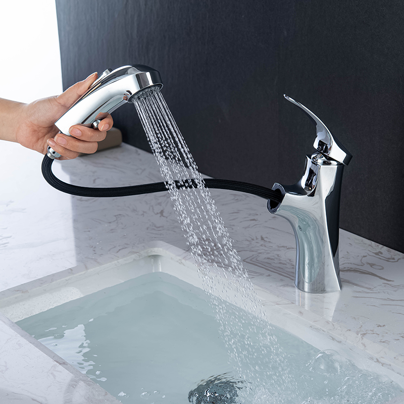 Chrome Polished Basin Faucet Single Handle Bathroom Faucet Full Out Double Water Functions Head Contemporary