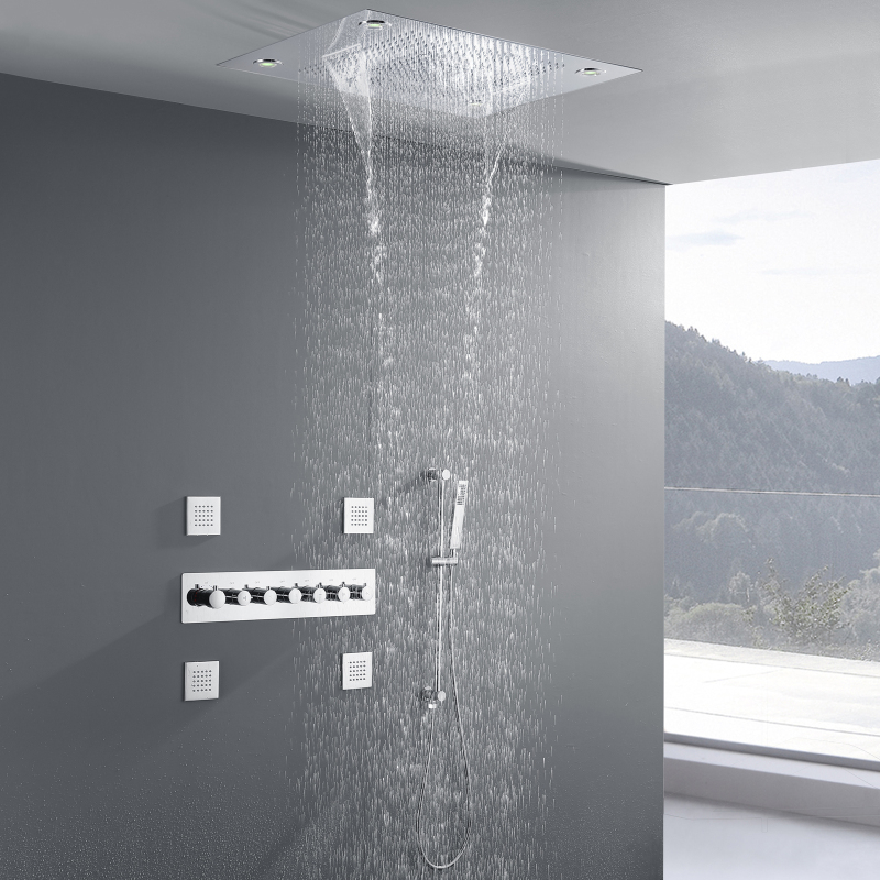 Brushed Nickel 24 X 31 Inch Bathroom Rainfall Ceiling Shower Mixer Thermostatic Waterfall Wall Mounted Hand Hold