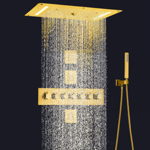 Brushed Gold Luxurious Thermostatic Shower System LED Concealed Rainfall Waterfall Shower Mixer Massage