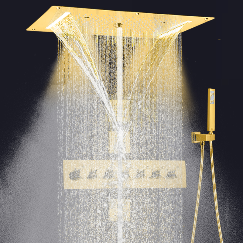 Thermostatic Gold Polished 700 X 380 MM Luxurious LED Ceiling Shower System Rainfall Waterfall Shower Mixer With Hand Hold