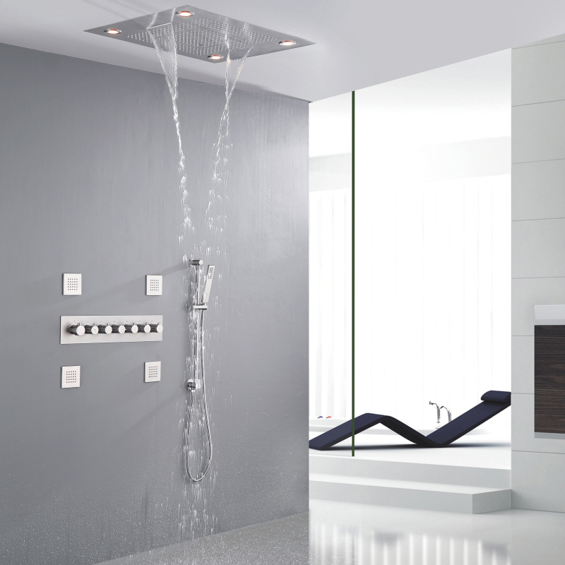 Brushed Nickel Thermostatic 24 X 31 Inch Remote Control LED Panel Massage Shower Set Waterfall Rainfall