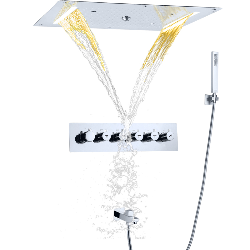 Thermostatic Bathtub Shower System 700X380 MM Waterfall Spray Bubble Rain LED Bath Shower Head With Handheld