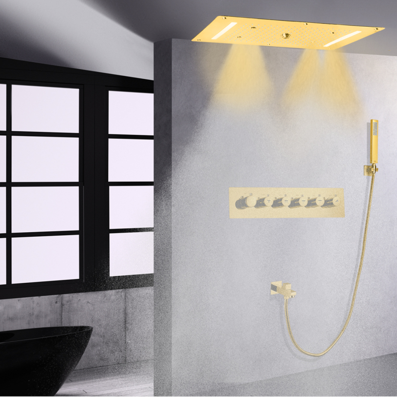 700X380 MM LED Bathroom Thermostatic Shower System With Handheld Spray Gold Polished Rain Shower Head