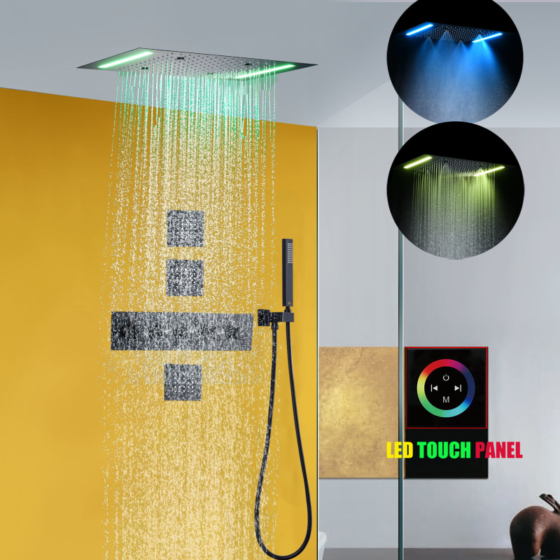 Matte Black Rain Shower Set 14 X 20 Inch Ceiled Large Bathroom Mist Rain LED Shower Head Fashion Thermostatic Faucet
