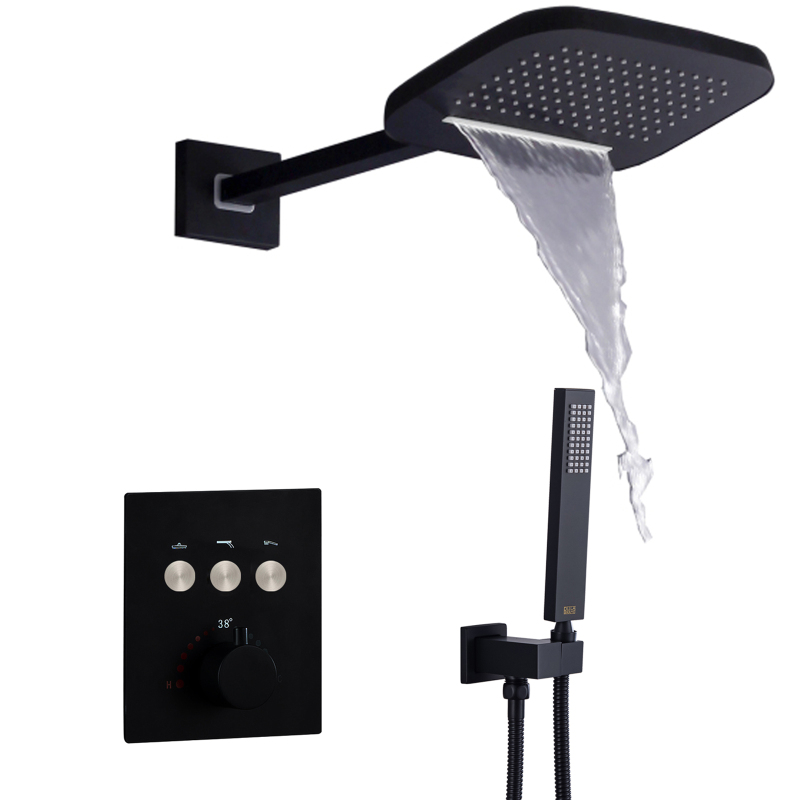 Thermostatic in Wall Mounted Rain Concealed Shower Set Matte Black Rainfall Waterfall Hand Hold
