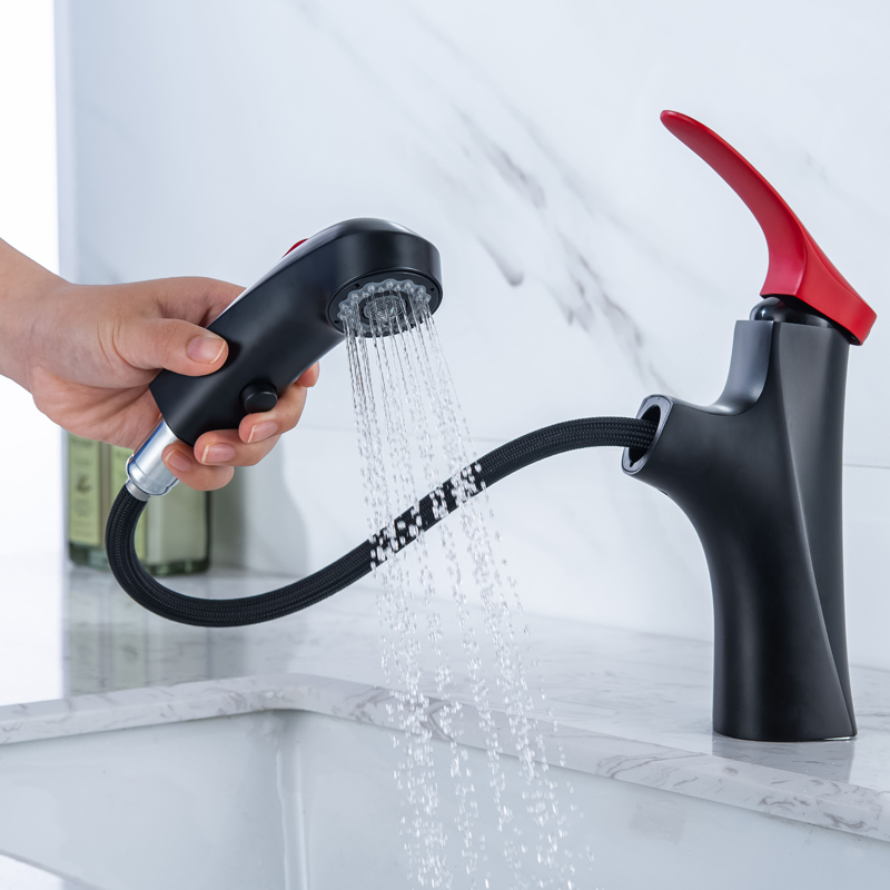 Matte Black Bathroom Faucet Red Handle Basin Mixer Full Out Double Water Functions Head Contemporary Sink Mixer
