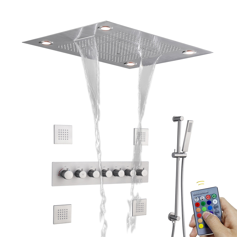 Brushed Nickel LED Remote Control Shower Set With Handheld Rainfall Thermostatic Bathroom Shower