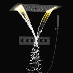 Matte Black Thermostatic Bathtub Shower Faucet Set Ceiling Bath Waterfall Spray Bubble Rain LED Shower Head With Handheld
