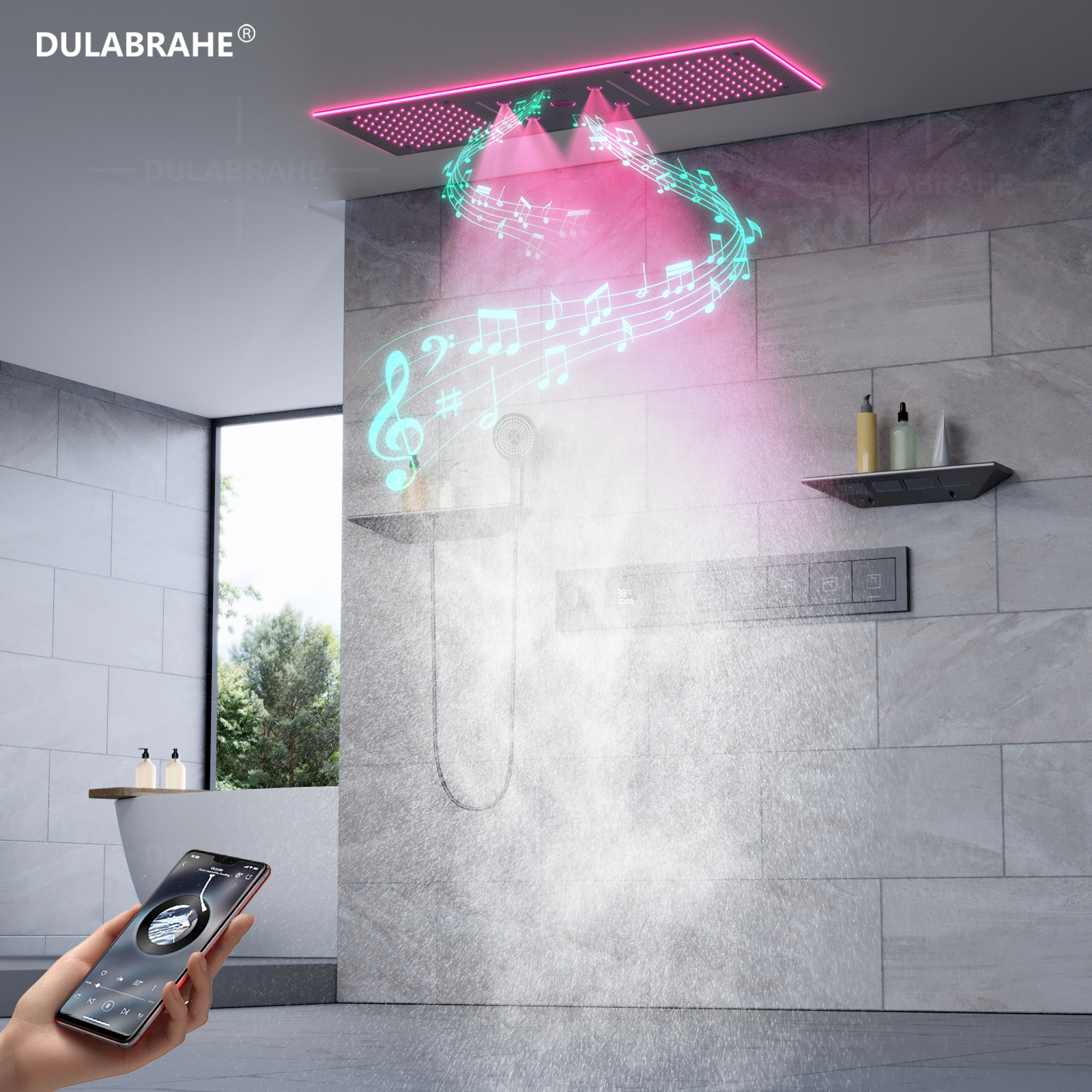 900x300mm Color Led Shower Head Ceiling Mounted Waterfall Rain Mist Thermostat Digital Display Shower Set System
