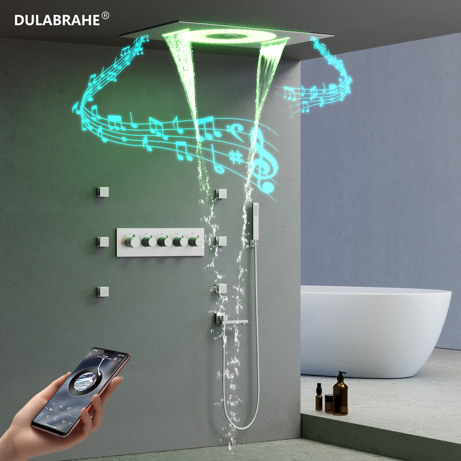 New 600*405mm Rain Waterfall Spray Shower Faucet Bathroom Ceiling LED Music Shower Set items