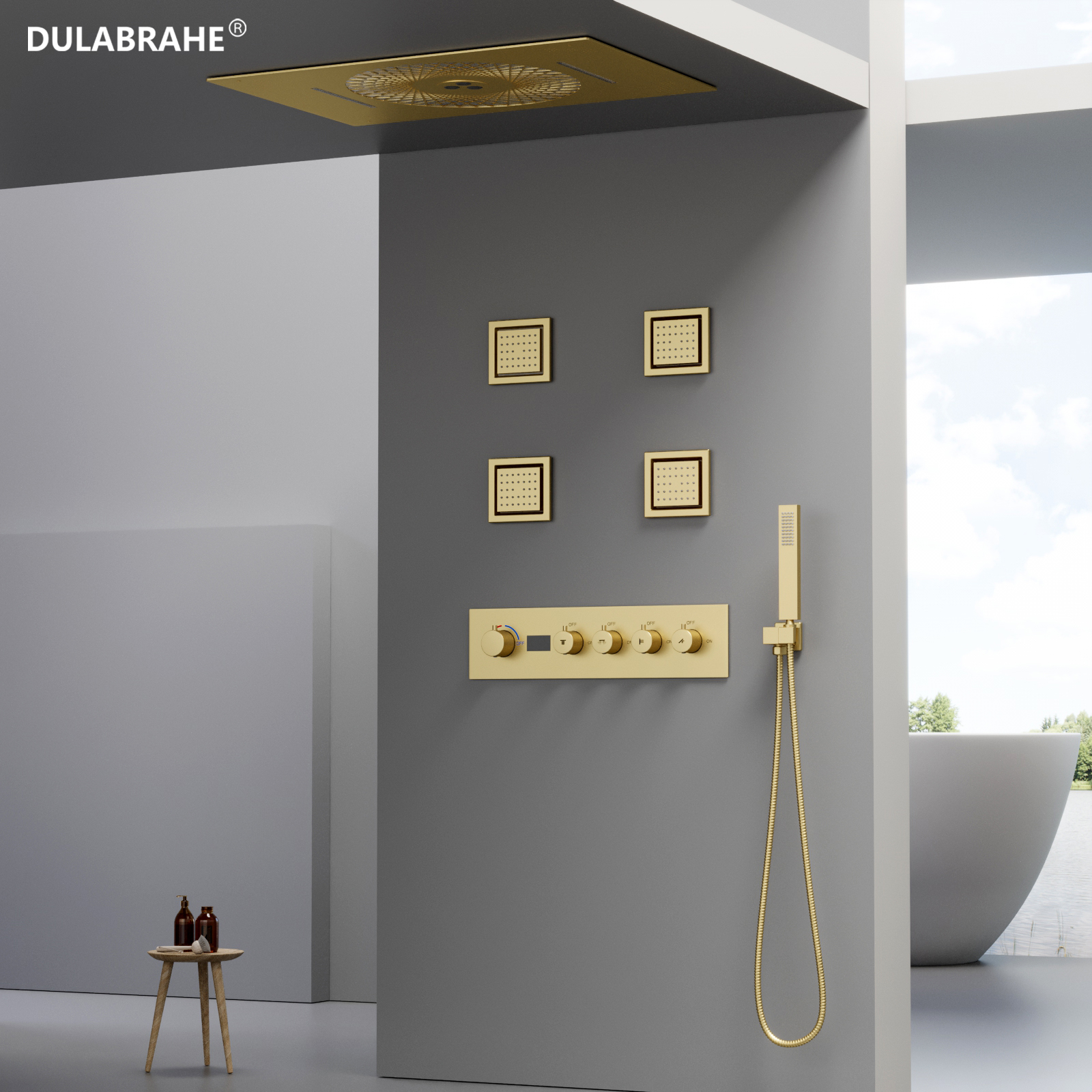 Brushed Gold Music LED Shower System Rain Shower Head Set with Digital Hot And Cold Mixing Valve