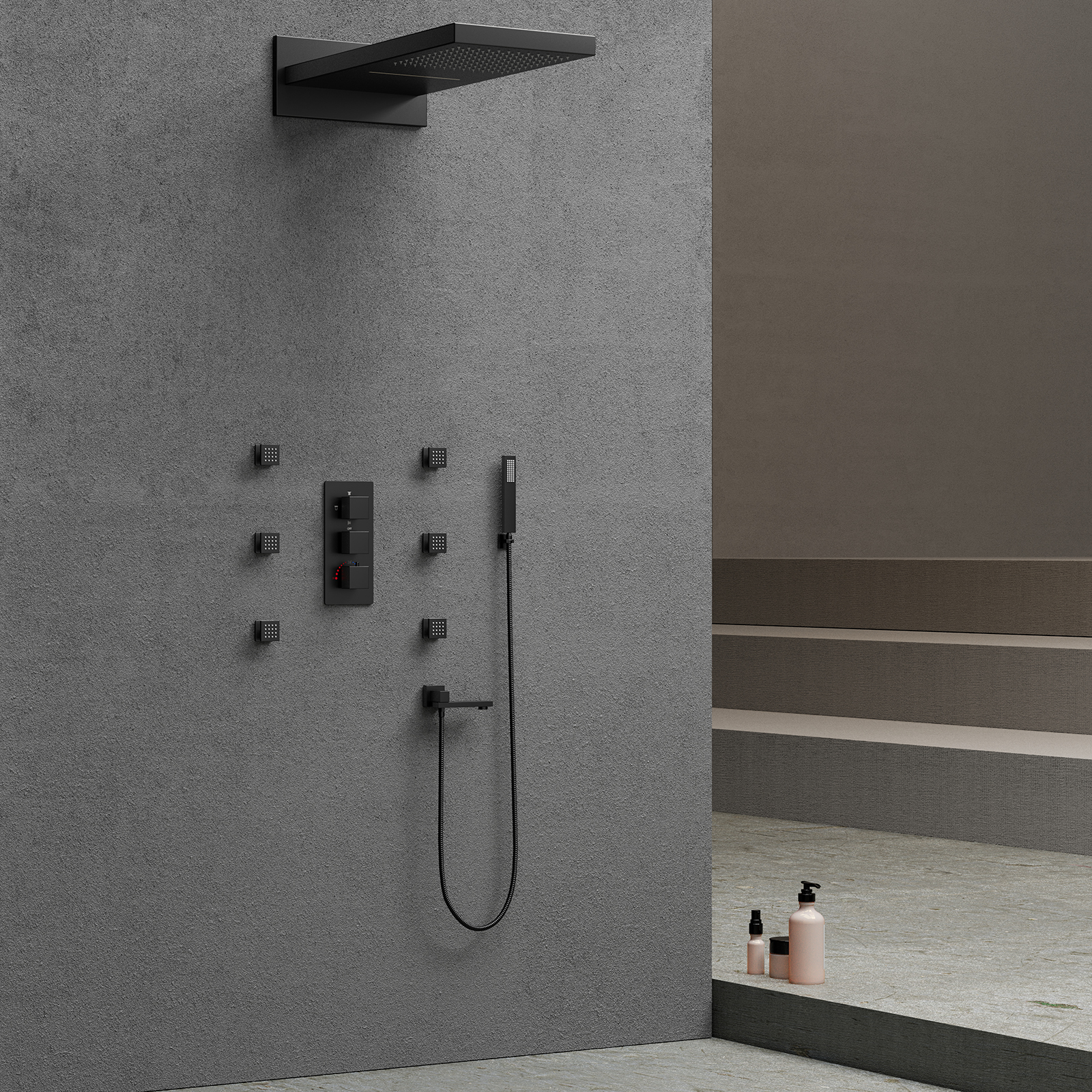 Black Shower Head Set Rain Gauge Bathroom Wall Mounted Brass Faucet Bathtub Waterfall Shower Faucet System