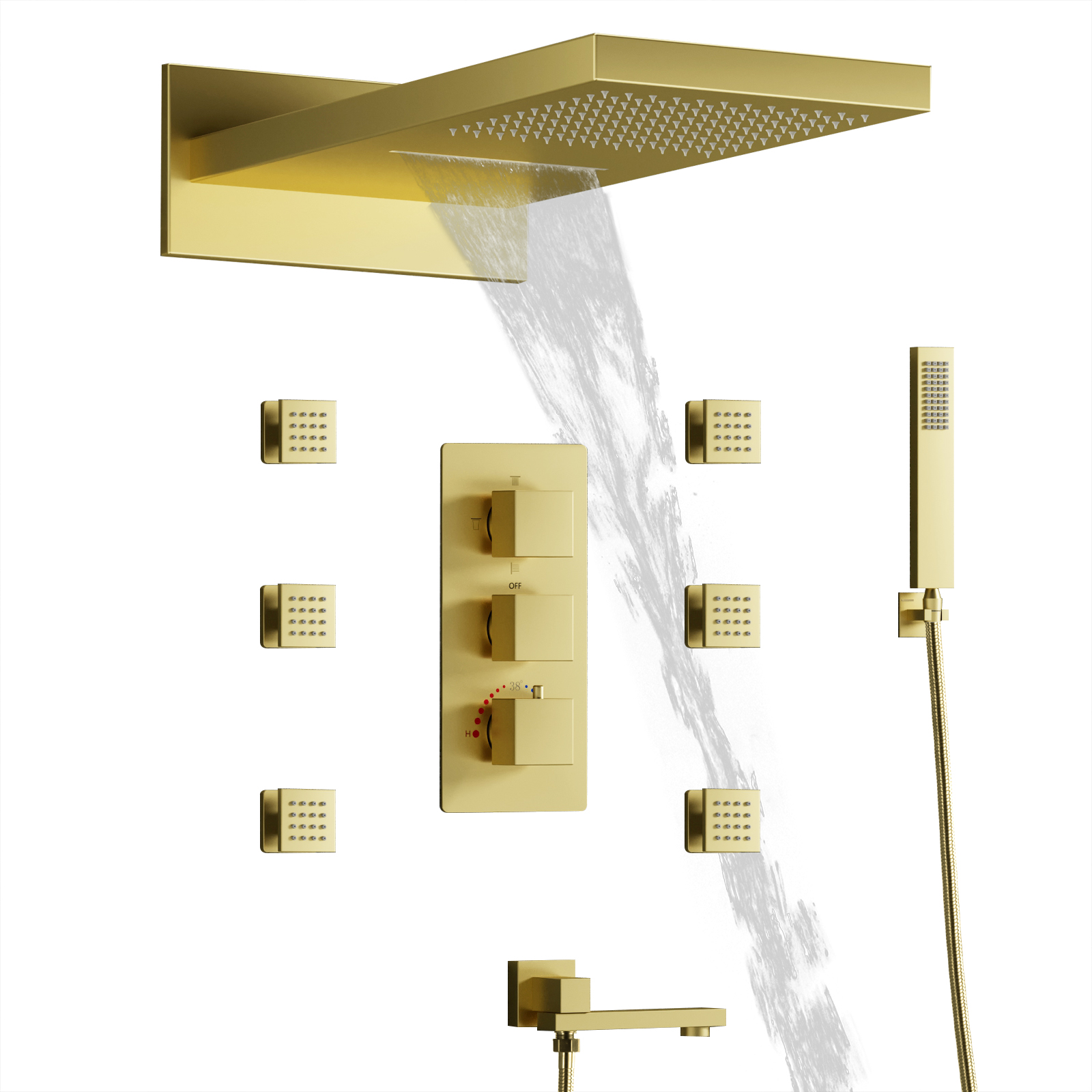 Luxury Gold Shower Head Set Shower Mixer Shower Rain Waterfall with Handheld Modern Square Faucet
