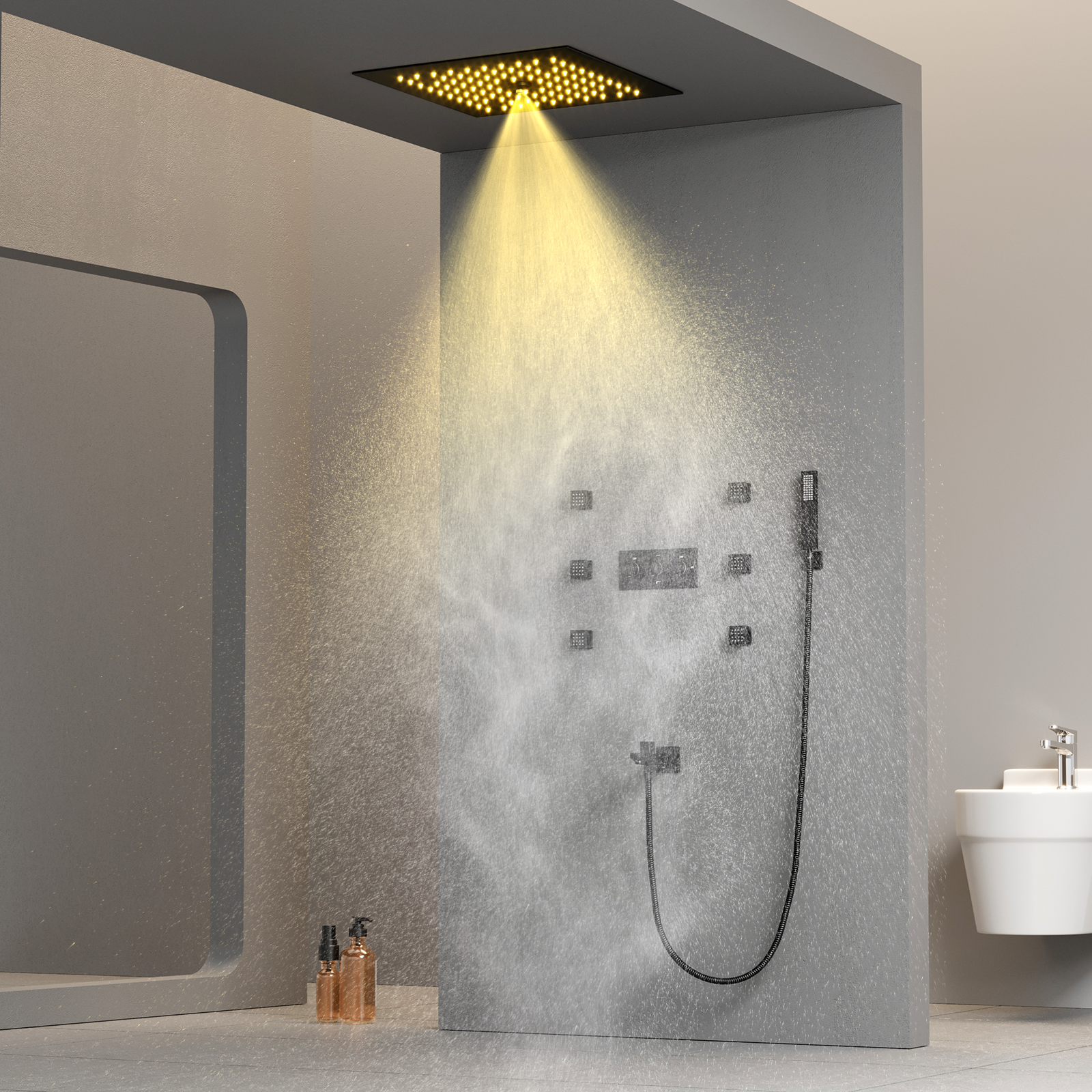 300*300mm Constant Temperature Shower Mixer Valve Rain Shower Head LED Light Shower System Set
