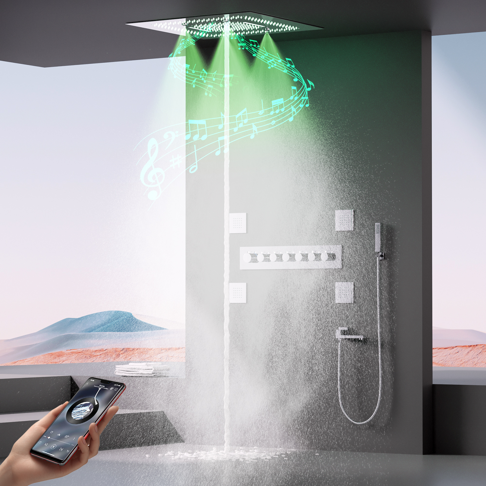 Shower Tap Set Bathroom 18" Rain And Spa Fog Ceiling Showerhead with Thermostat Shower Valve Body