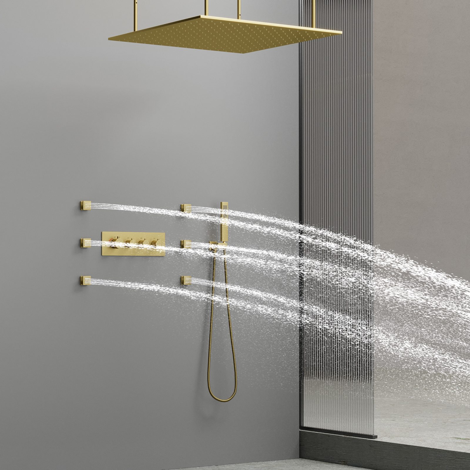 Brushed Gold Luxury Shower System Rain Led Shower Head Ceiling Rain Shower Thermostatic Mixing Valve Handheld Sprayer
