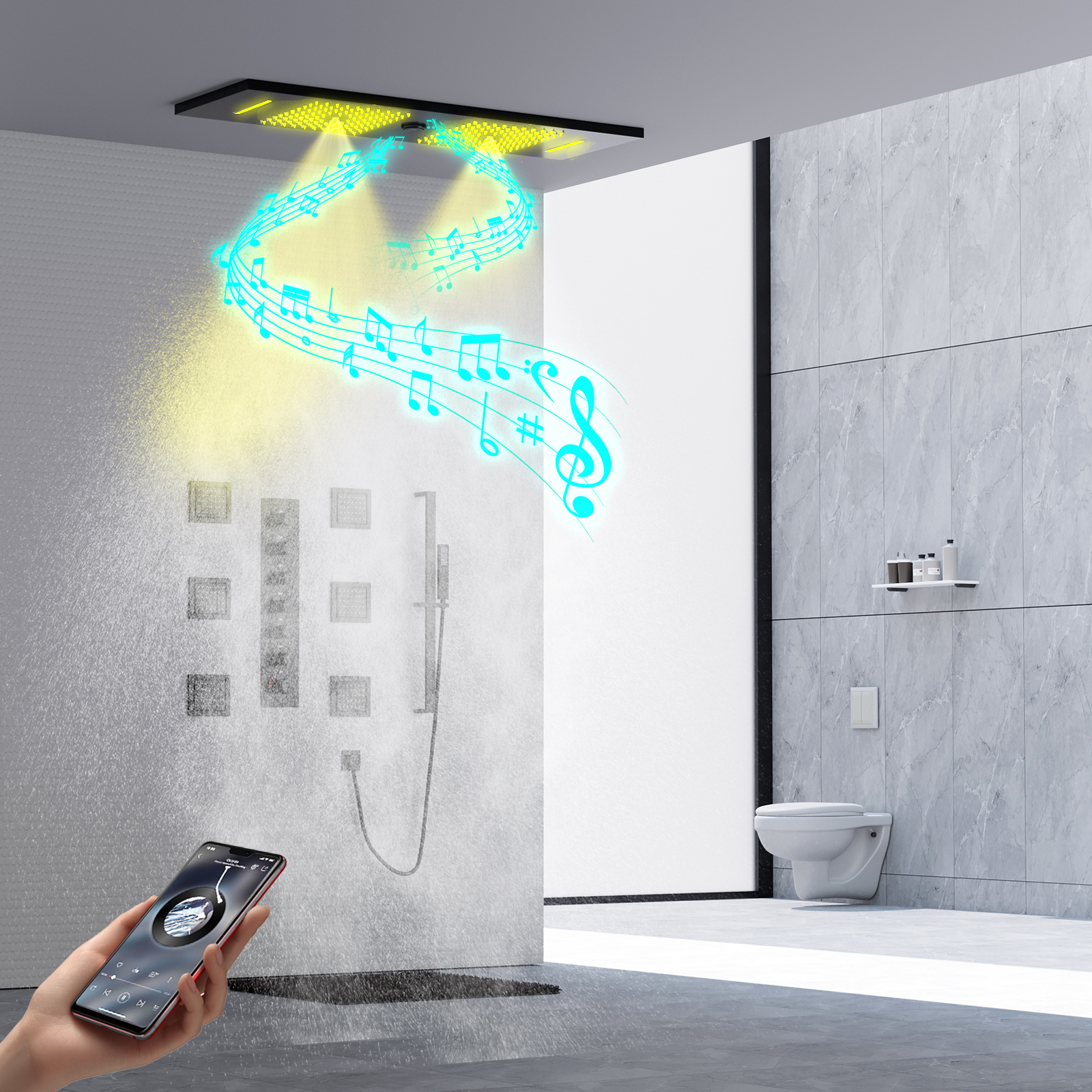 LED Shower Set Ceiling Embedded Rain And Waterfall Shower Head with Music Speaker Bathroom Shower Faucet And Valve