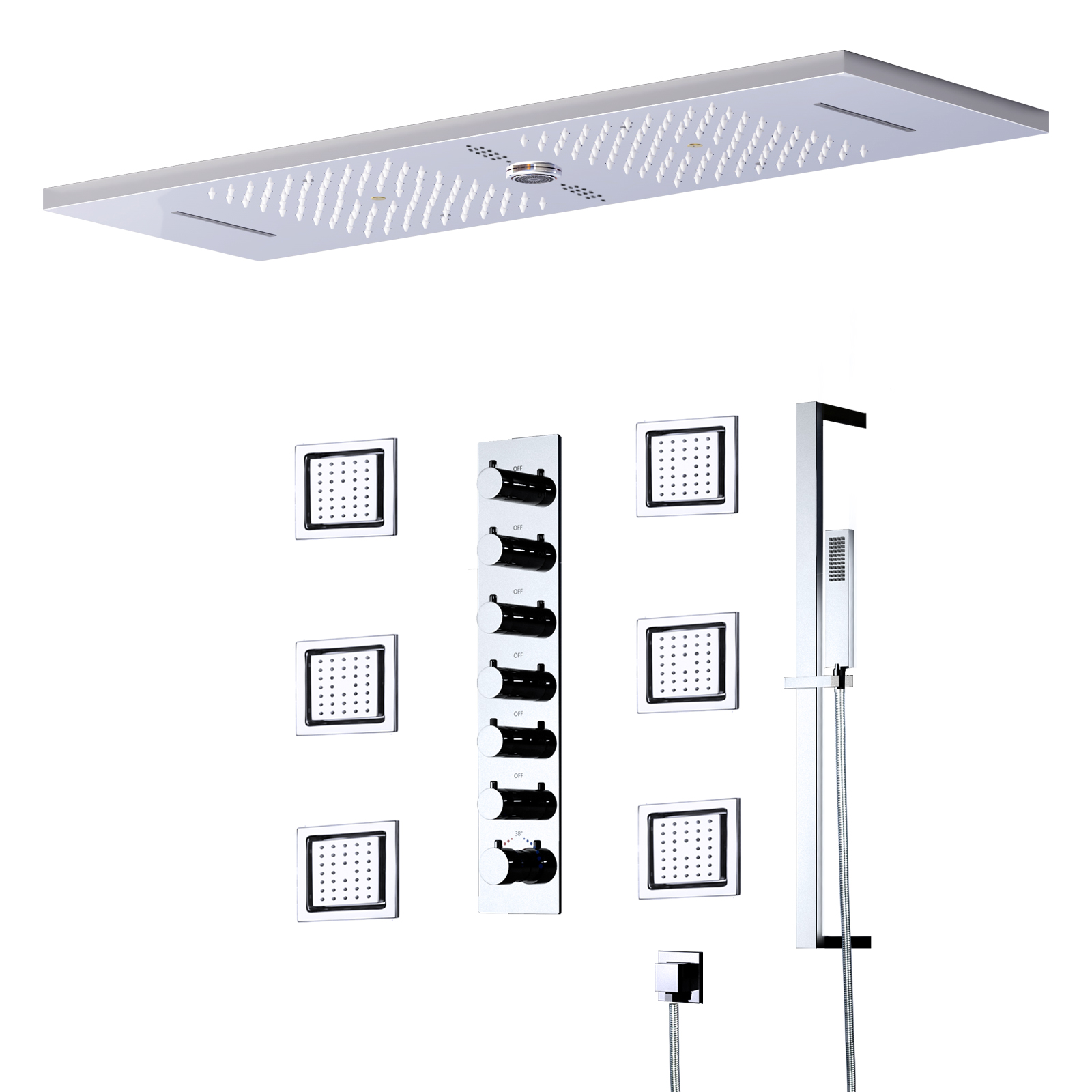 Bath Spa Shower Faucet Rain Waterfall Shower Recessed Ceiling Shower Head Set with Body Jets