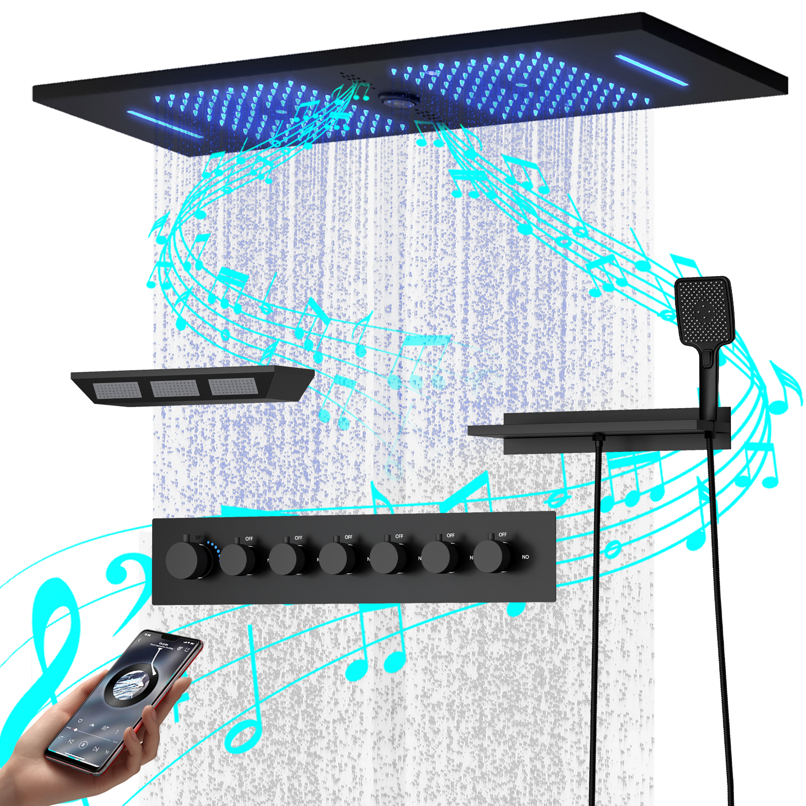 90x30Cm LED Light Square Brass Music High Pressure Rain Shower Top Sprayer Shower Faucet And Valve