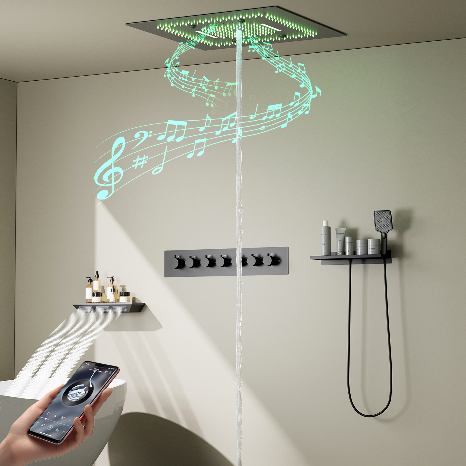 Bathtub Spa Gun Grey LED Shower Head Rain Shower Waterfall Multifunctional Recessed Ceiling Music Shower Set