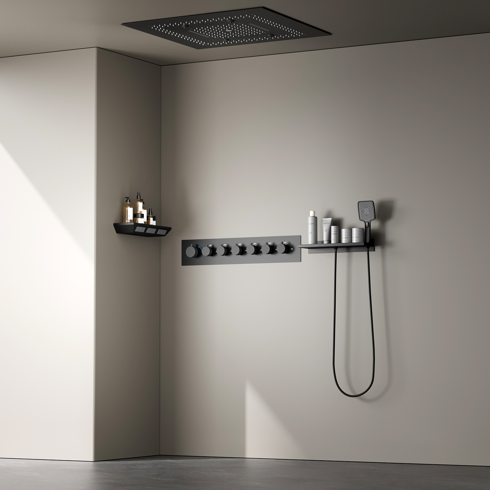 600*600mm Bathroom Ceiling LED Constant Temperature Shower Head Set with Rain Waterfall Multifunctional Shower Faucet Kit