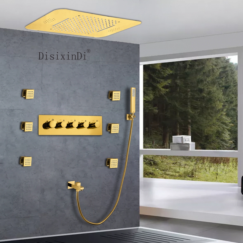 Ti Gold Bathroom Rainfall Waterfall LED Thermostatic Shower Faucet With Shower Body Jet And Music Function Shower Head