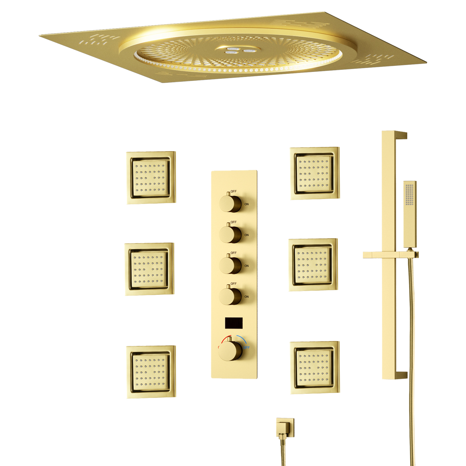 500*500mm Large Smart Shower Ceiling Embedded Bathroom Brushed Gold LED Music Constant Temperature Rain Shower Column