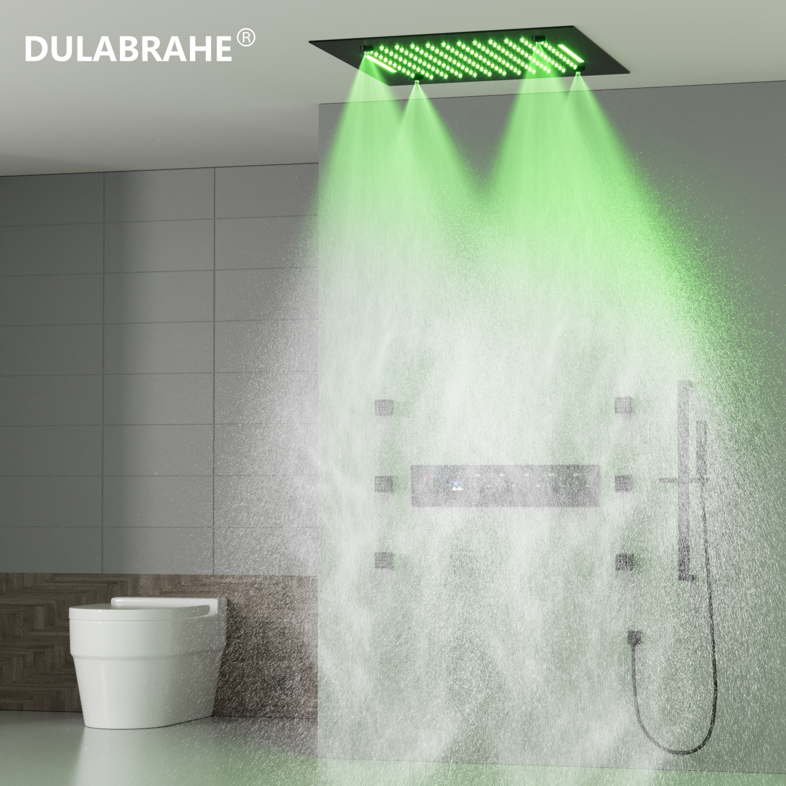 Faucet Set, Digital Display, LED Hot And Cold Mixing Valve, Matte Black Ceiling, Rain Shower, Hidden Shower, with Handheld Showerhead