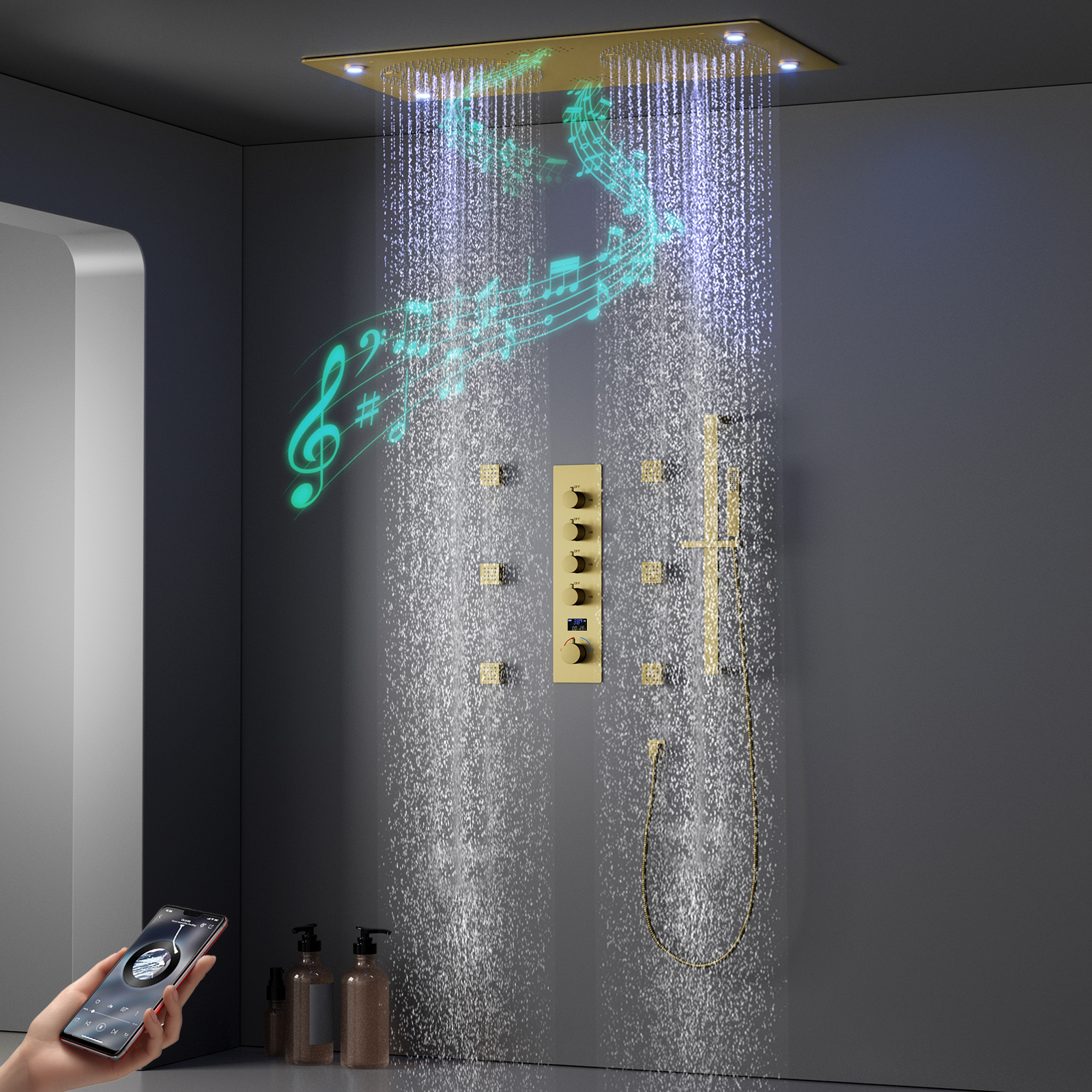 Hidden Ceiling Brushed Gold LED Music Shower System Thermostat Bathroom Shower Set with Lift Lever Handheld Shower