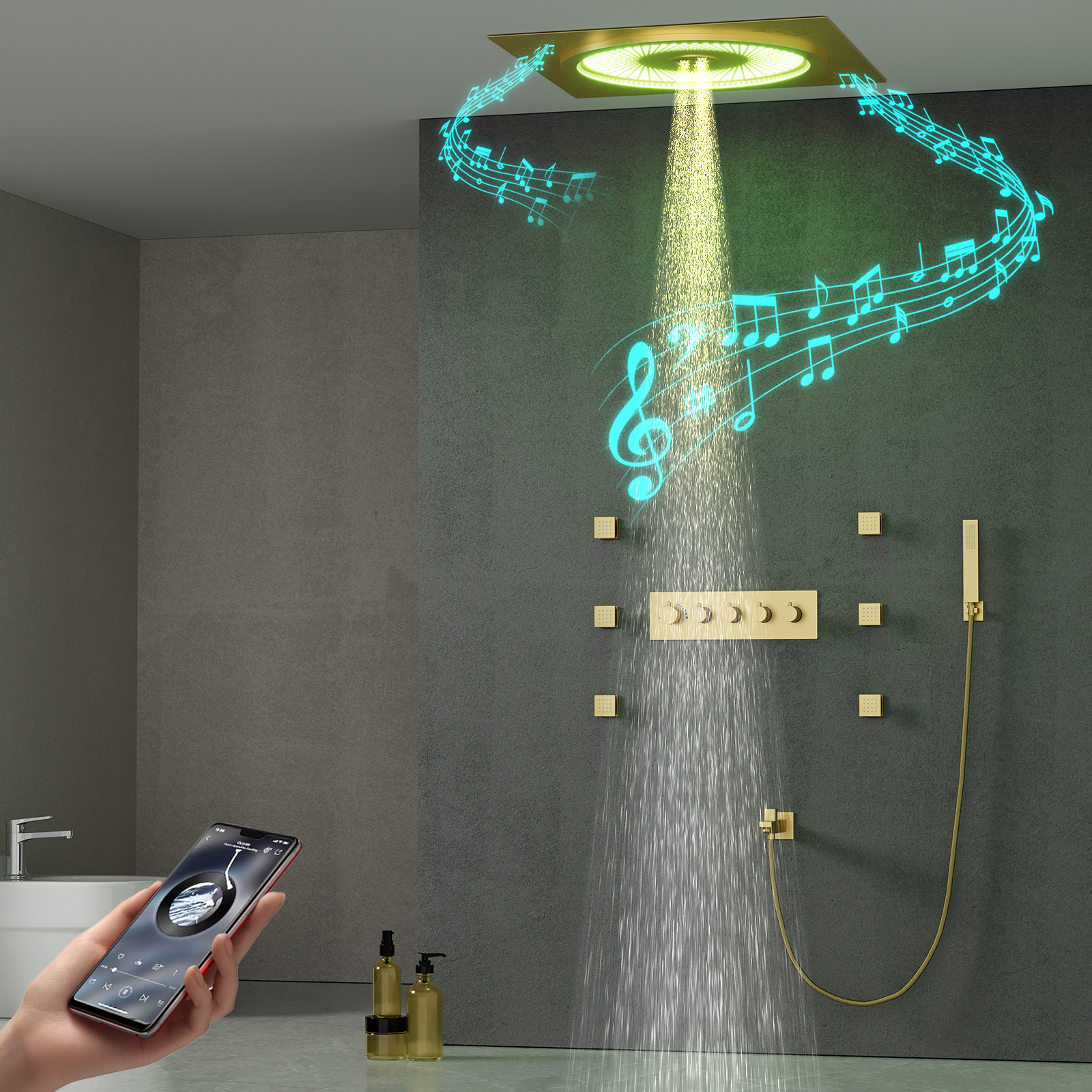Popular Ceiling LED Shower Head Set Smart Music Shower Head Faucet Rain Water Column Shower System
