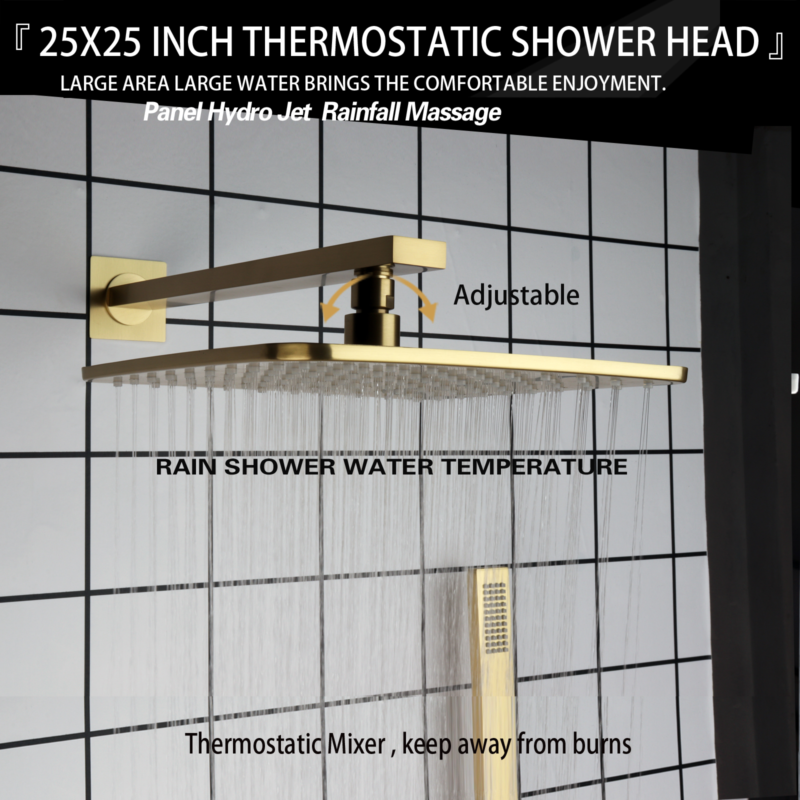 Brushed Gold Thermostatic Shower Set Faucets Bathroom Press Button Shower Top Rainfall With Handheld Shower Arm