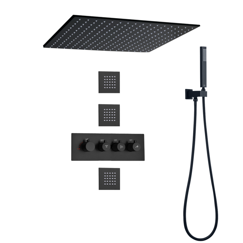 Matte Black Thermostatic Shower Faucets Set 20 Inch LED Bathroom Ceiling Shower Rainfall With Hand-Held Nozzle
