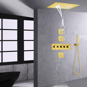 Brushed Gold Bathroom Rain Shower Set 14 X 20 Inch Thermostatic System High Flow Waterfall