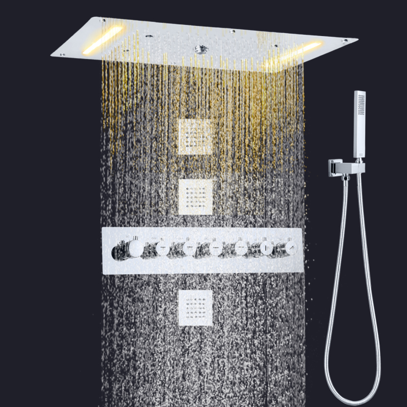 Chrome Polished Thermostatic LED Bath Shower 700X380 MM Bathroom Waterfall Mist Bubble Rainfa Bath Shower Set