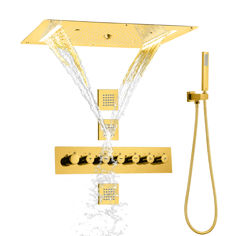 Gold Polished Thermostatic Control Bath Shower Faucet Overhead Bubble Waterfall SPA Shower Combination Set
