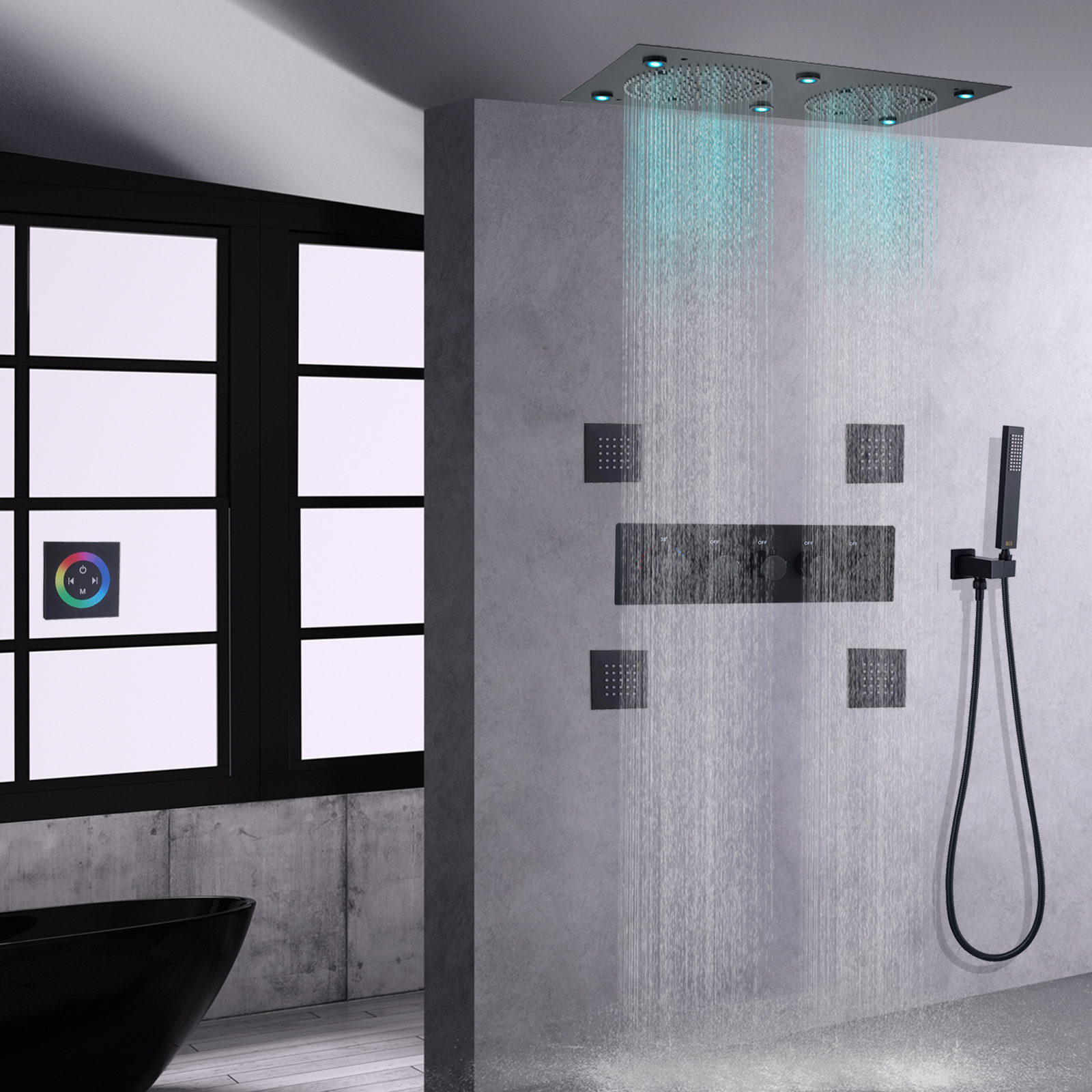 Matte Black Top-end Embed Ceiling Bath Shower Mixer 7 Colour LED Thermostatic Rainfall Massage Douche