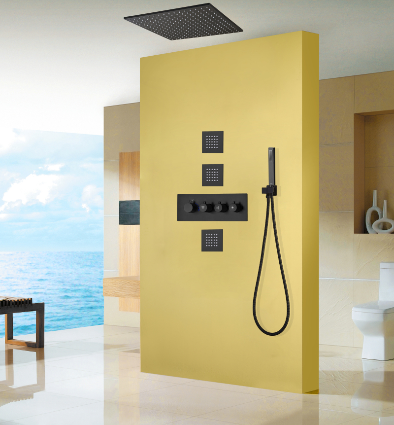 Matte Black Shower Mixer Set 16 Inch LED Bathroom Thermostatic Rainfall Concealed Shower System With Hand-Held Nozzle