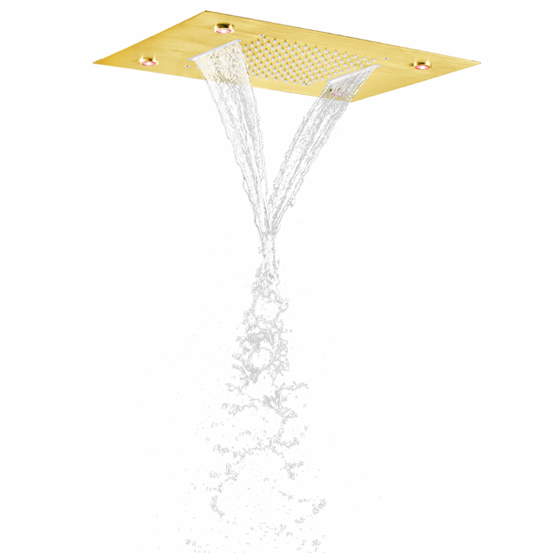 Brushed Gold Shower Faucet 50X36 CM LED 3 Color Temperature Changing Bathroom Bifunctional Waterfall Rainfall