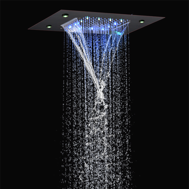 Oil Rubbed Bronze 50X36 CM Shower Head LED Bathroom Bifunctional Waterfall Rainfall With 3 Color Temperature Changing
