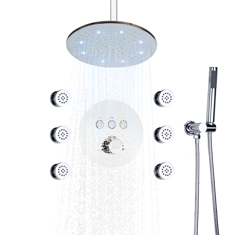 Chrome Polished Rainfall Thermostatic Shower System 10 Inch LED Bathroom Massage Body Jet Bath Shower Faucet Set