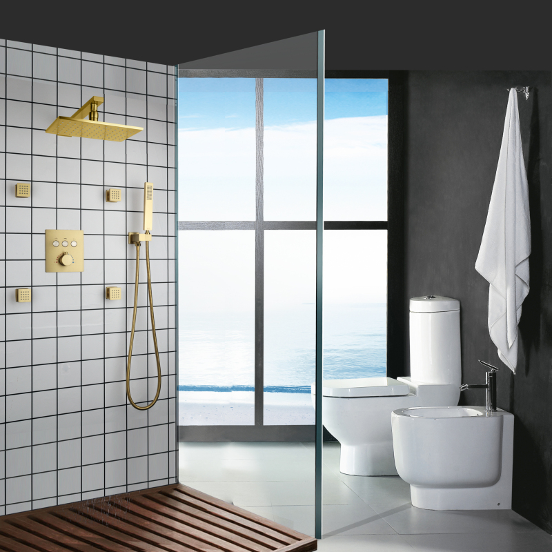 Brushed Gold Rain Shower Head With Handheld Spray Wall Mounted 8 X 12 Inch Thermostatic LED Rainfall Shower System