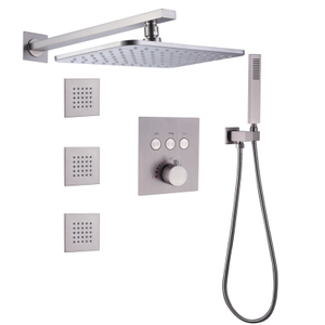 Brushed Nickel Shower Faucet 28X18 CM Bathroom Thermostatic In Wall Mounted Rainfall Concealed Shower System