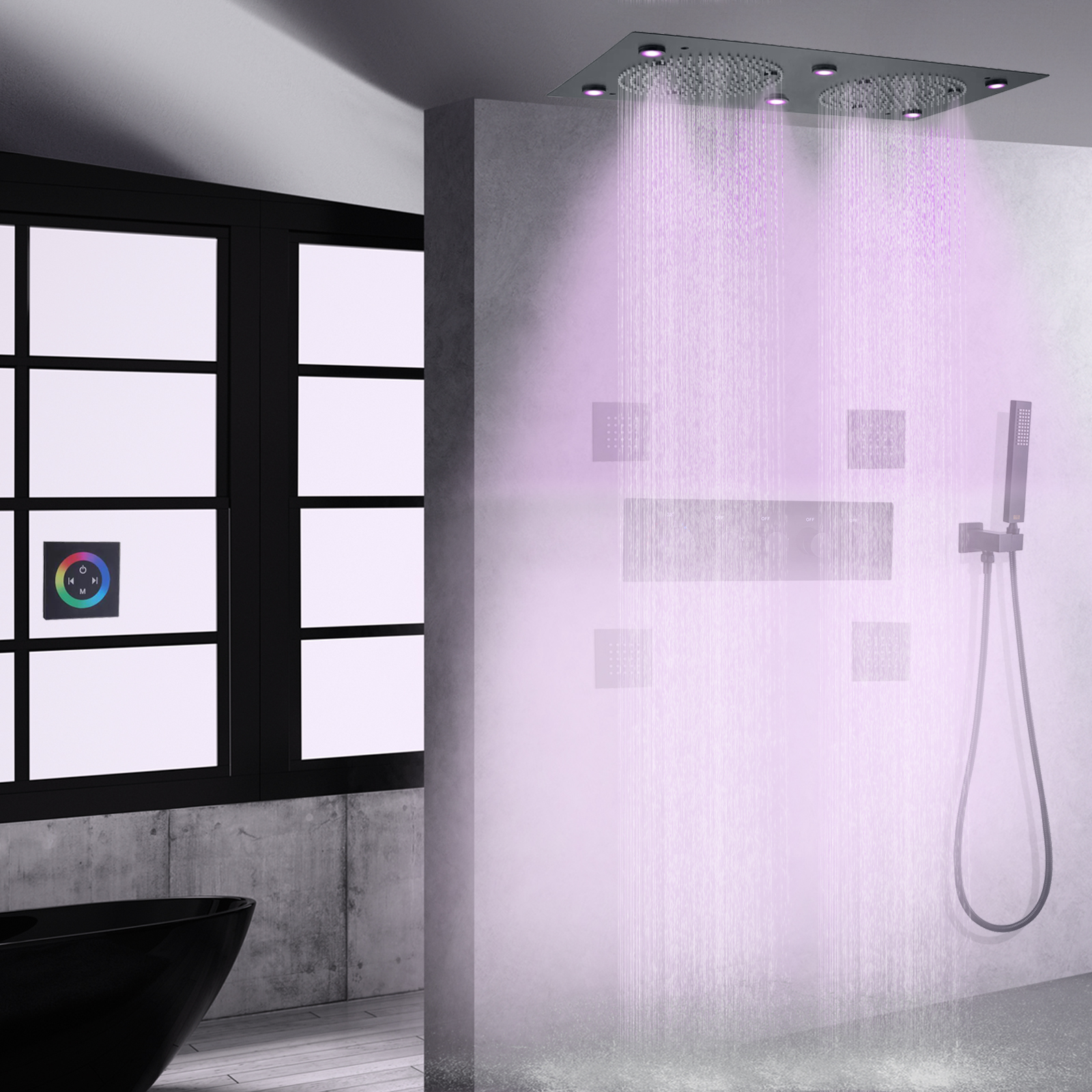Matte Black LED Shower Faucet Bathroom Thermostatic Rainfall Handheld Shower Arm Douche SPA