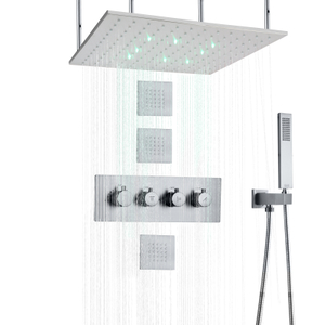 Brushed Nickel Thermostatic Rainfall LED Bath Shower System 3 Way To Shower Handheld