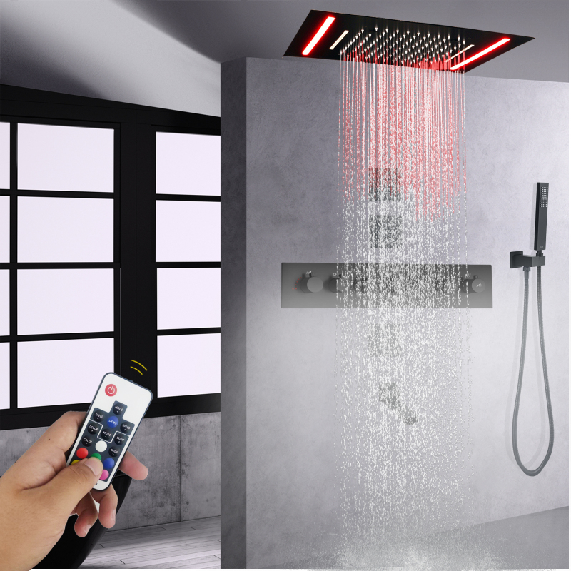 Matte Black Thermostatic Shower Head 50X36 CM With LED Control Panel Bathroom Multifunction Waterfall Rainfall Atomizing